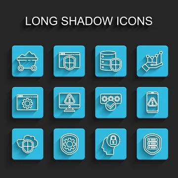 Set line Cloud and shield, Shield with settings gear, Coal mine trolley, Hu.. Stock Illustration
