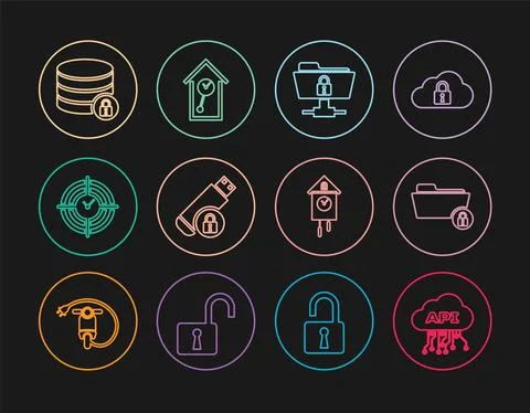 Set line Cloud api interface, Folder and lock, FTP folder, USB flash drive with Illustrazione stock