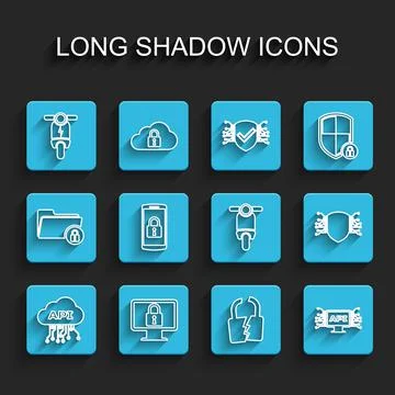 Set line Cloud api interface, Lock on monitor, Electric scooter, Broken cracked Stock Illustration