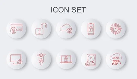 Set line Cloud api interface, Lock on monitor, computing lock, Hard disk drive Stock Illustration