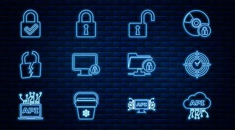 Set line Cloud api interface, Time Management, Open padlock, Lock on monitor Stock Illustration