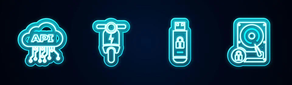 Set line Cloud api interface, Electric scooter, USB flash drive with lock and Stock Illustration