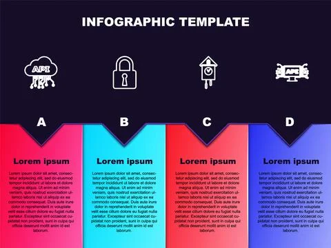 Set line Cloud api interface, Lock, Retro wall watch and Computer. Business Stock Illustration