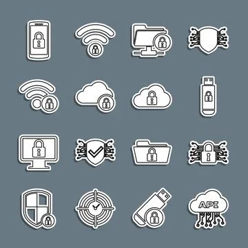 Set line Cloud api interface, Cyber security, USB flash drive with lock, FTP Stock Illustration