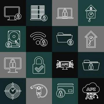 Set line Cloud api interface, Folder and lock, Retro wall watch, Laptop, Wifi Stock Illustration