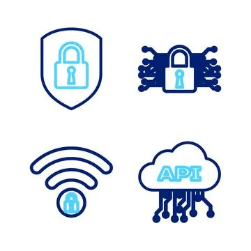 Set line Cloud api interface Wifi locked Cyber security and Shield with icon. Stock Illustration