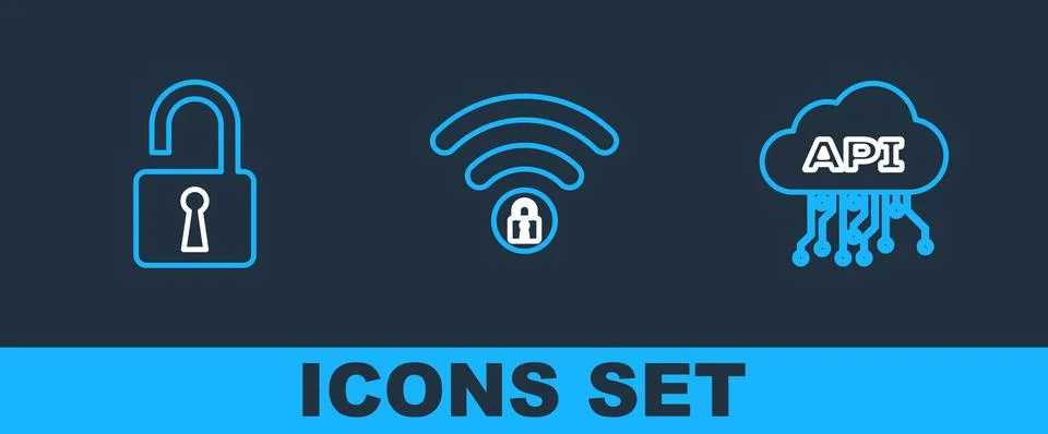 Set line Cloud api interface, Open padlock and Wifi locked icon. Vector Stock Illustration