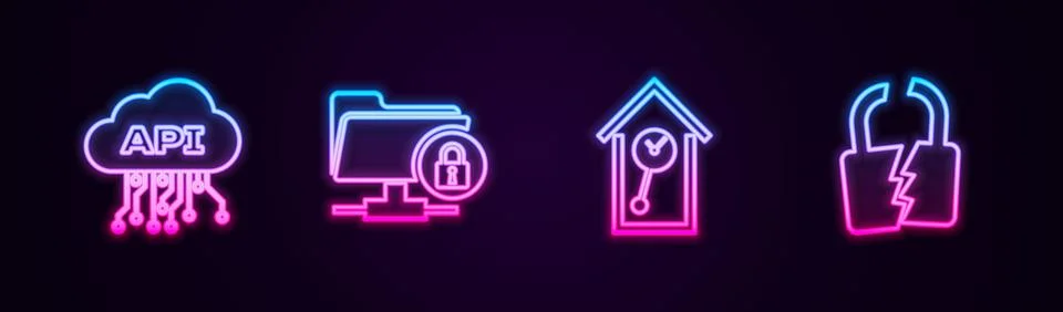 Set line Cloud api interface, FTP folder and lock, Retro wall watch and Broke Illustrazione stock