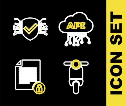 Set line Cloud api interface, Scooter, Document and lock and Cyber security.. Stock Illustration