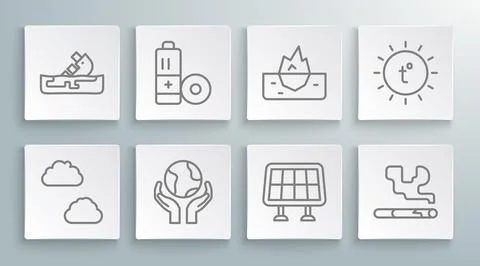 Set line Cloud, Battery, Hands holding Earth globe, Solar energy panel イラスト素材