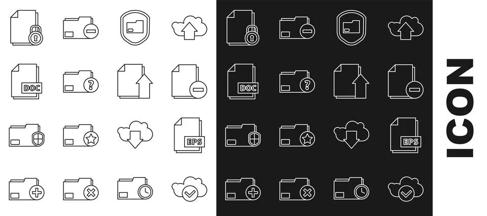 Set line Cloud with check mark, EPS file document, Document minus, folder Illustrazione stock