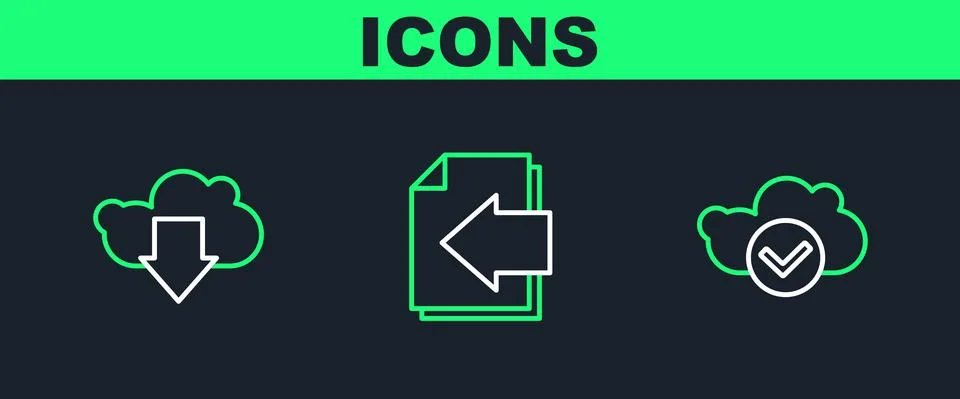 Set line Cloud with check mark, download and Next page arrow icon. Vector Illustrazione stock