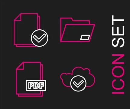 Set line Cloud with check mark, PDF file document, Document folder and and icon Stock Illustration