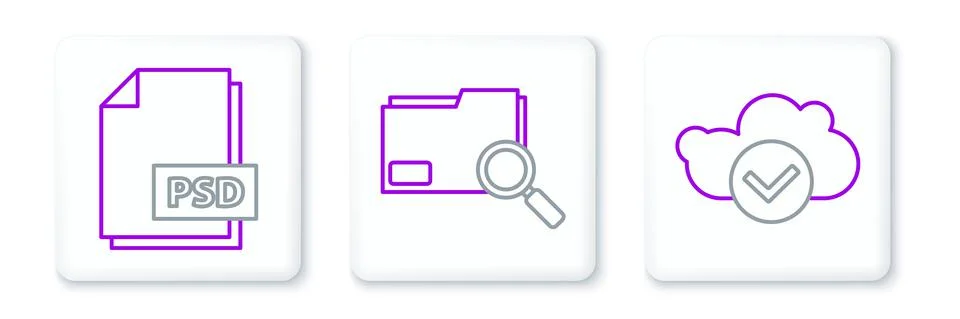Set line Cloud with check mark, PSD file document and Search concept folder icon Illustrazione stock