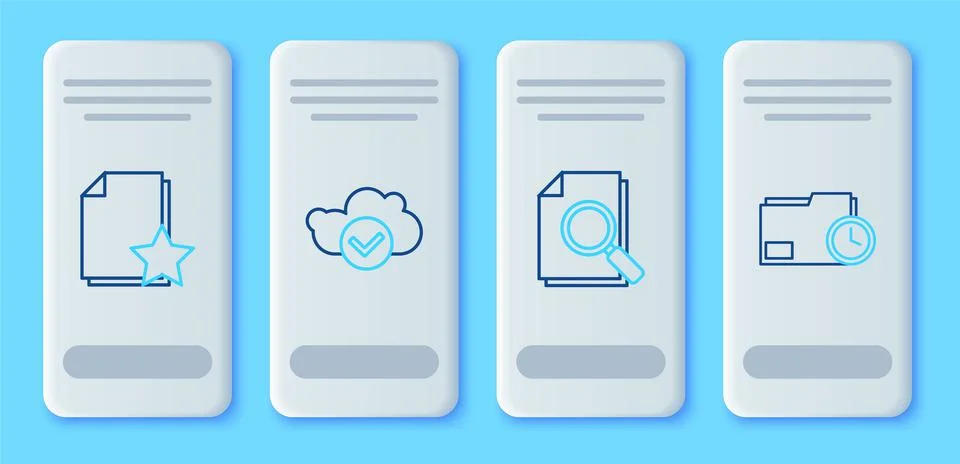 Set line Cloud with check mark, Document search, star and folder clock icon.  Stock Illustration