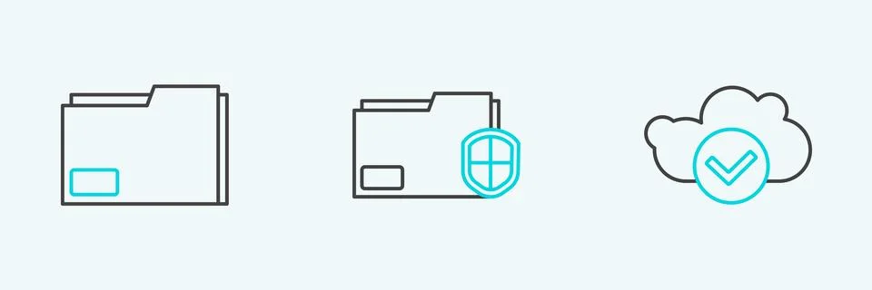 Set line Cloud with check mark, Document folder and protection icon. Vector 스톡 일러스트