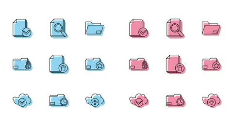Set line Cloud with check mark, Document folder clock, and, Add cloud, Dele.. Illustrazione stock