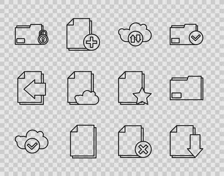 Set line Cloud with check mark, Document download, and upload, Folder lock,.. Illustrazione stock