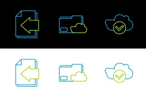 Set line Cloud with check mark, Next page arrow and storage text document f.. Illustrazione stock