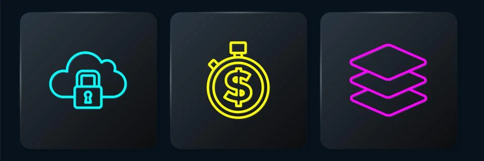 Set line Cloud computing lock, Layers and Time is money. Black square button Stock-Illustration