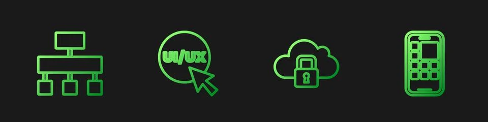 Set line Cloud computing lock, Site map, UI or UX design and Mobile Apps 库存插图