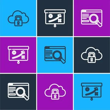 Set line Cloud computing lock, UI or UX design and Planning strategy concept Stock Illustration