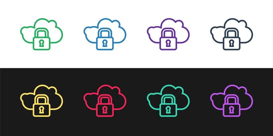 Set line Cloud computing lock icon isolated on black and white background Stock Illustration