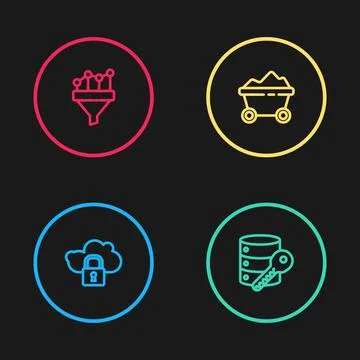 Set line Cloud computing lock, Server security with key, Coal mine trolley and 스톡 일러스트