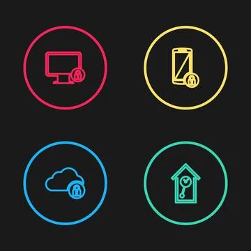 Set line Cloud computing lock, Retro wall watch, Smartphone with and Lock Stock Illustration