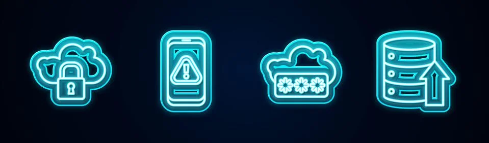 Set line Cloud computing lock, Mobile with exclamation mark, Password protection Stock Illustration