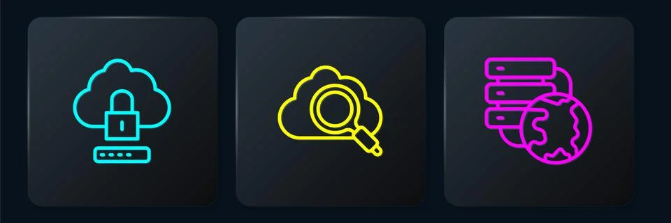 Set line Cloud computing lock, Network cloud connection and Search. Black square Stock Illustration