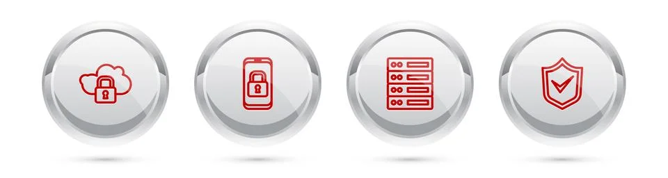 Set line Cloud computing lock, Mobile with closed padlock, Server, Data, Web Stock Illustration
