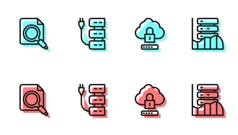 Set line Cloud computing lock, Search concept with folder, Server and Server 库存插图