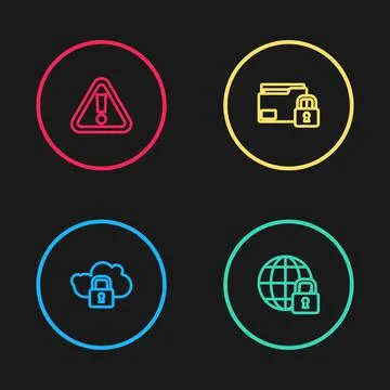 Set line Cloud computing lock, Global lockdown, Folder and and Exclamation mark Stock Illustration