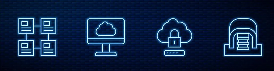 Set line Cloud computing lock, Hierarchy organogram chart, technology data tr 스톡 일러스트