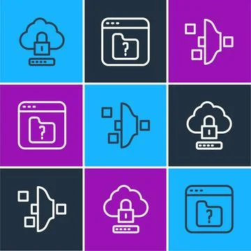 Set line Cloud computing lock, Filter setting and File missing icon. Vector Stock Illustration