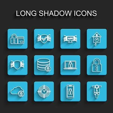 Set line Cloud computing lock, Time Management, Credit card with, Smartphone Ilustración de archivo