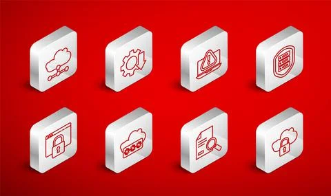 Set line Cloud computing lock, Cost reduction, Laptop with exclamation mark Illustrazione stock