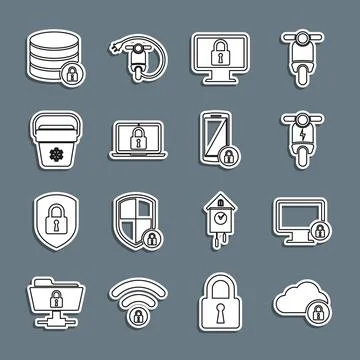 Set line Cloud computing lock, Lock on monitor, Electric scooter, Laptop and Stock Illustration
