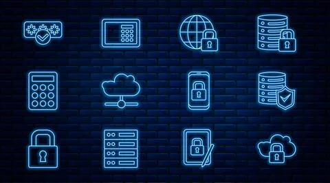 Set line Cloud computing lock, Server with shield, Global lockdown, Network Stock Illustration
