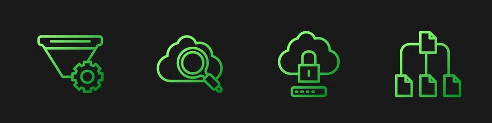 Set line Cloud computing lock, Filter setting, Search cloud and Folder tree Illustrazione stock