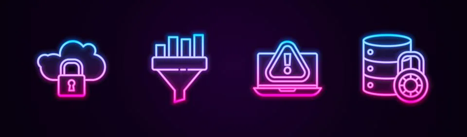 Set line Cloud computing lock, Sales funnel with chart, Laptop exclamation mark Stock Illustration