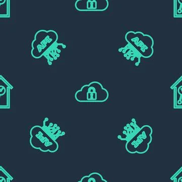 Set line Cloud computing lock, api interface and Retro wall watch on seamless Stock Illustration