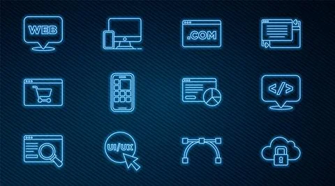 Set line Cloud computing lock, Front end development, UI or UX design, Mobile Illustrazione stock