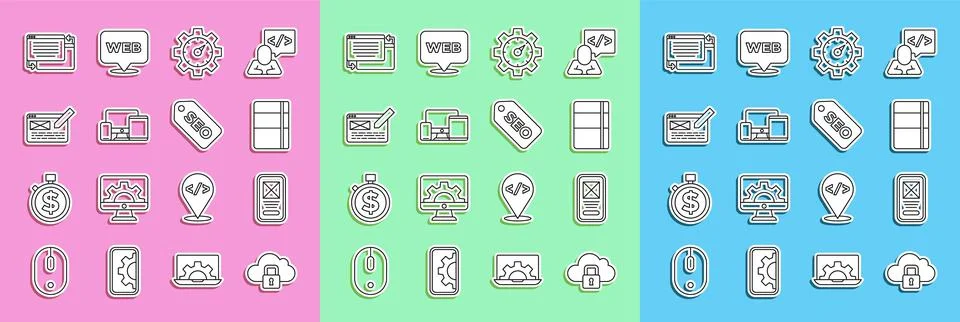 Set line Cloud computing lock, UI or UX design, Sketchbook album, Website Ilustración de archivo