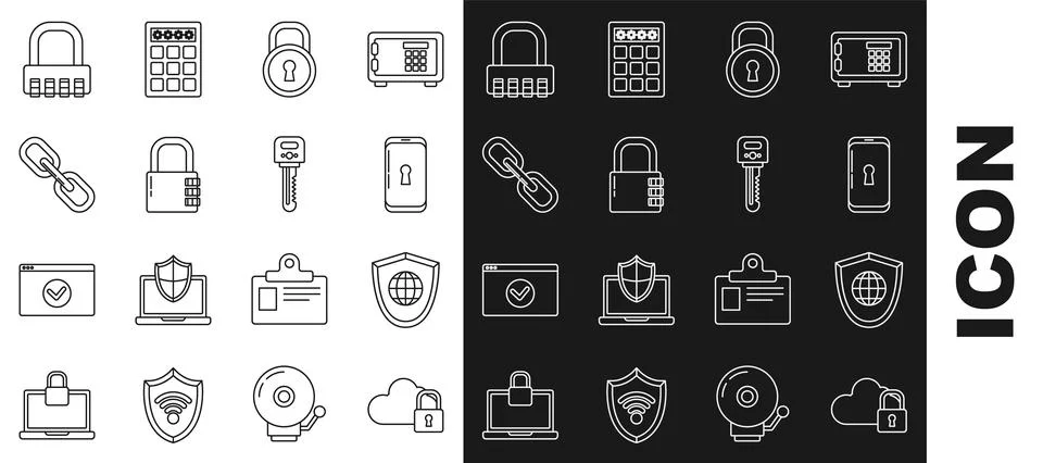 Set line Cloud computing lock, Shield with world globe, Smartphone, Lock, Safe Ilustração Stock