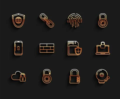 Set line Cloud computing lock, Safe combination wheel, Shield with world globe Stock Illustration