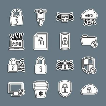 Set line Cloud computing lock, Shield security with, Folder and, Computer api 库存插图