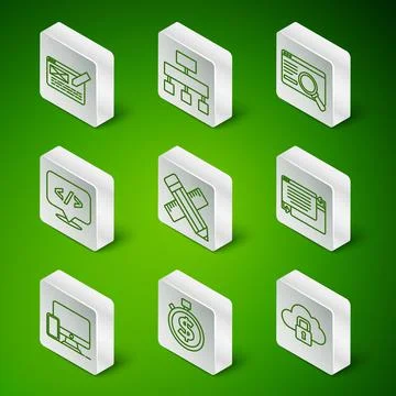 Set line Cloud computing lock, Time is money, UI or UX design, Crossed ruler and Stock Illustration