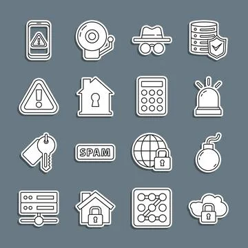 Set line Cloud computing lock, Bomb ready to explode, Motion sensor, Incognito Ilustração Stock